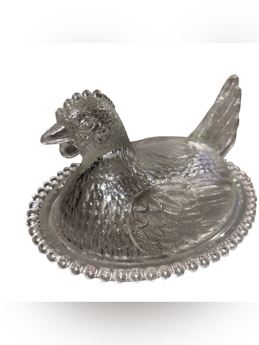 Vintage Clear Indiana Glass Hen on Nest Dish Beaded Rim Farmhouse Decor 7"